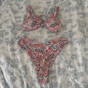 Paisley Print Two-Piece Bikini Set - Pink & Teal